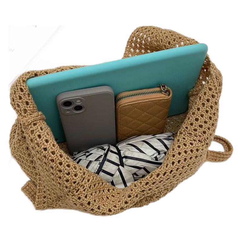 Cross-border grid perforated bag, casual large-capacity cotton thread woven bag, new perforated straw woven bag, laid-back style single-shoulder bag, vacation beach bag, women's bag, single-shoulder bag, handbag, storage bag, handbag, simple grid bag Item Picture