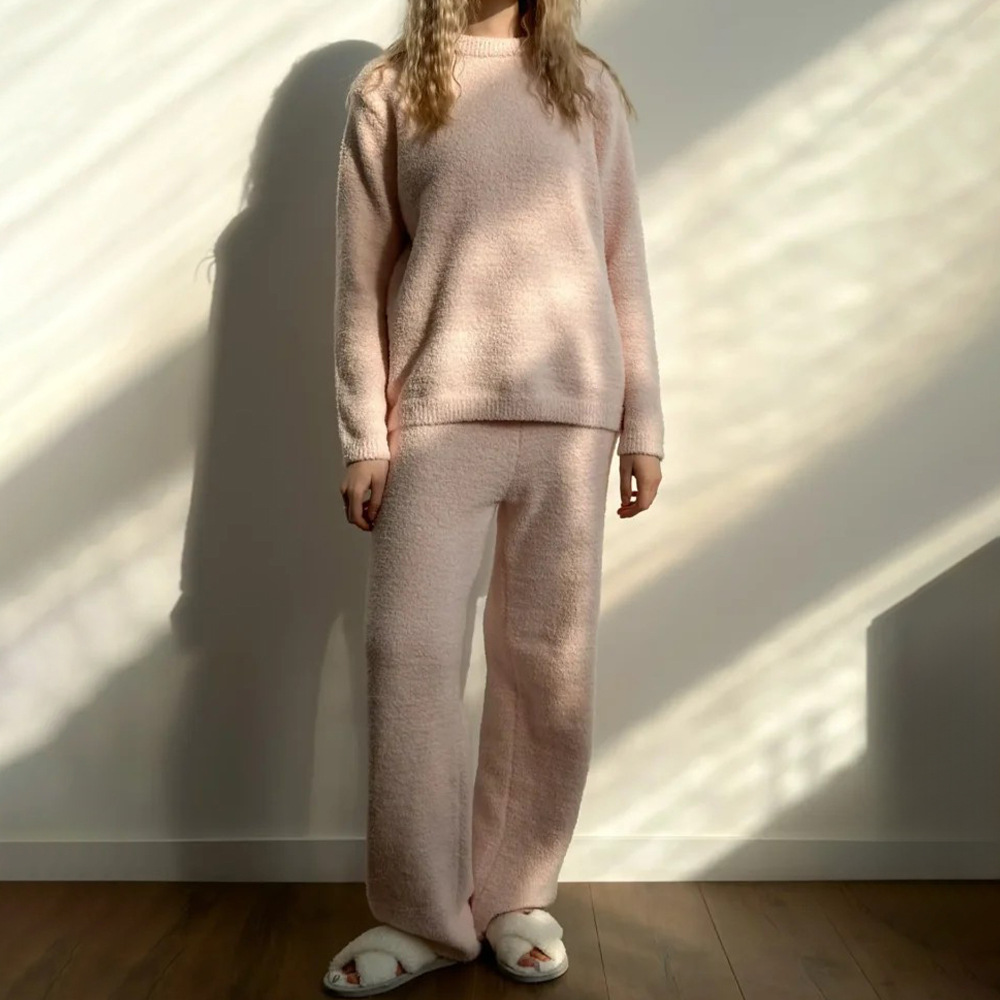 Cross-border round-neck solid color long-sleeved and long pants pajama set, European and American 2025 winter new half-fleece warm home wear Specification image