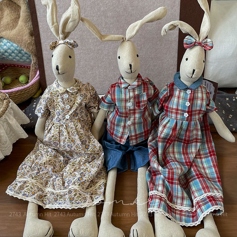 New Korean-style handcrafted cotton and linen rabbit doll, long-legged floral dress, rabbit home decoration doll gift, retro fabric long-eared rabbit doll, checkered and striped floral dress, shirt style soft wear, excellent choice as a souvenir details Picture