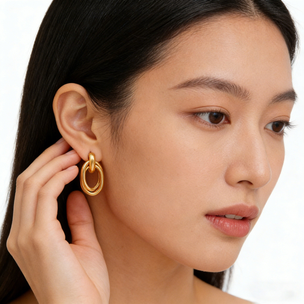 Hyacinth geométrico doble escalonado oval metal aretes personalidad versátil ligero de lujo moda alto sentido temperamento orejeras mujeres Specification image