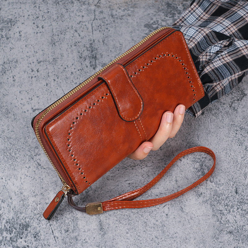 厂家批发新款时尚油蜡PU皮女士大容量复古钱包长款女式大钞夹适用