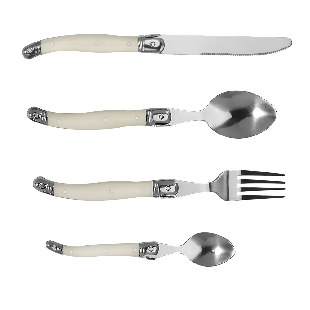 Stainless steel knife, fork and spoon set with milky white plastic handle, steak knife, steak fork and spoon, steak and Western tableware for home use Item Picture