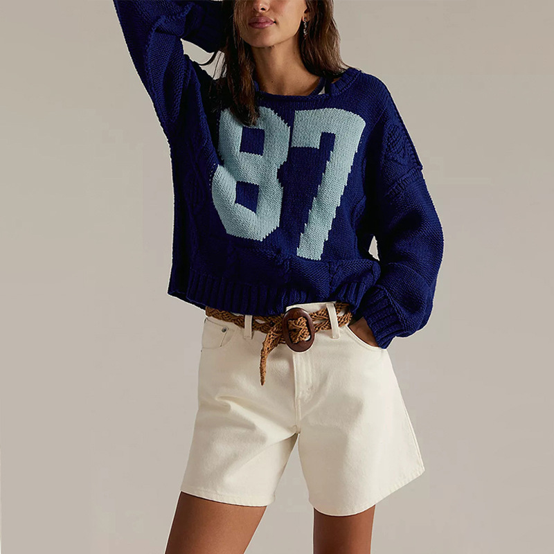 The 2025 new autumn and winter cross-border European and American women's clothing digital color-blocking knitted pullover loose long-sleeved sweater is a bestseller in foreign trade details Picture