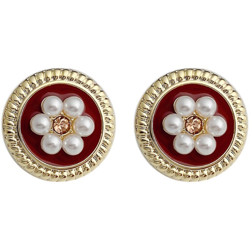 Retro pearl flower stud earrings for women, niche round flower Burgundy red earrings, new trendy earrings wholesale Item Picture