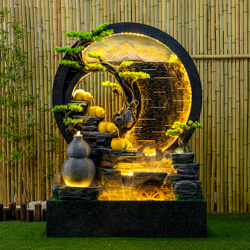 Water curtain wall, flowing water screen, artificial rockery, fountain, circulating water feature, gourd decoration, wealth-attracting feng shui wheel, living room floor ornaments details Picture