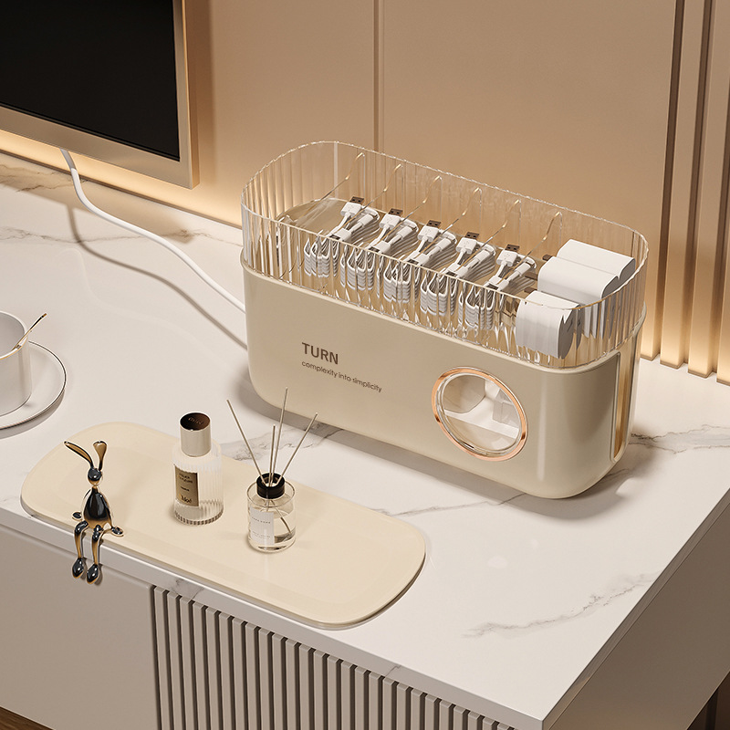 Data cable storage box, power charging cable storage, mobile phone charger plug organization, desktop cable winder, cable management box Application Scenario
