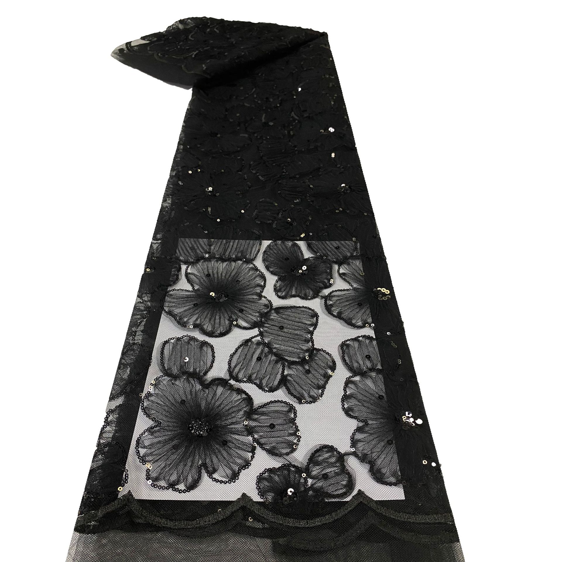 Hot-selling three-dimensional sequined embroidered fabric, black lace mesh fabric for women's wedding dresses and evening gowns Item Picture