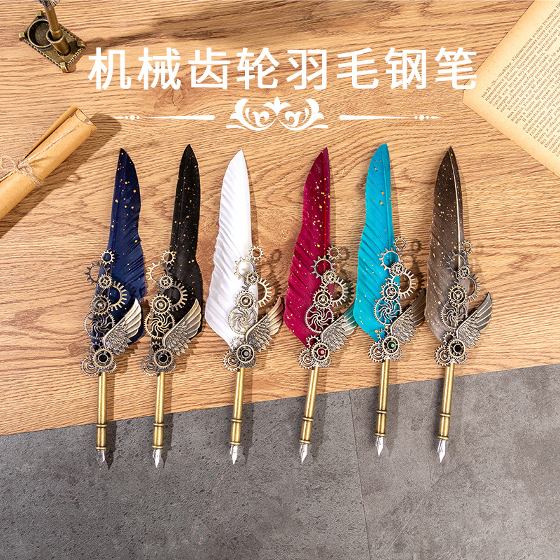 Blue Peacock Mechanical Punk Style Wing Pen Dip Pen Ink Advertising Gift Pen Quill Pen Set Customized Application Scenario