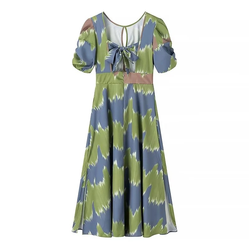 2073 European and American women's wear 2024 Summer New Round Neck Printed Tie Dress Item Picture