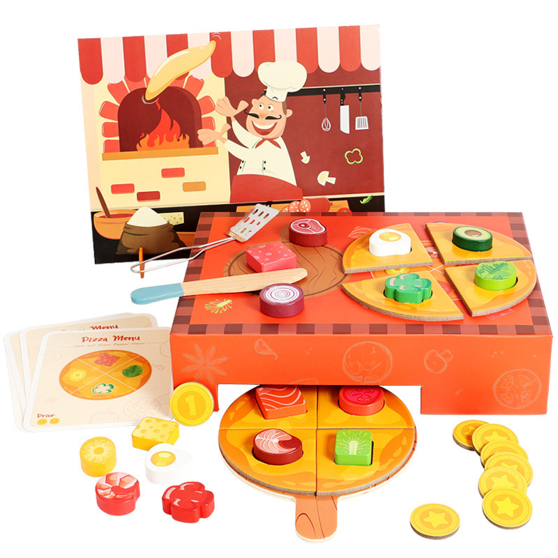 Early childhood education for babies: Wooden toys for playing house, simulated food, vegetables, fruits, pizza matching, and educational wooden toys Item Picture