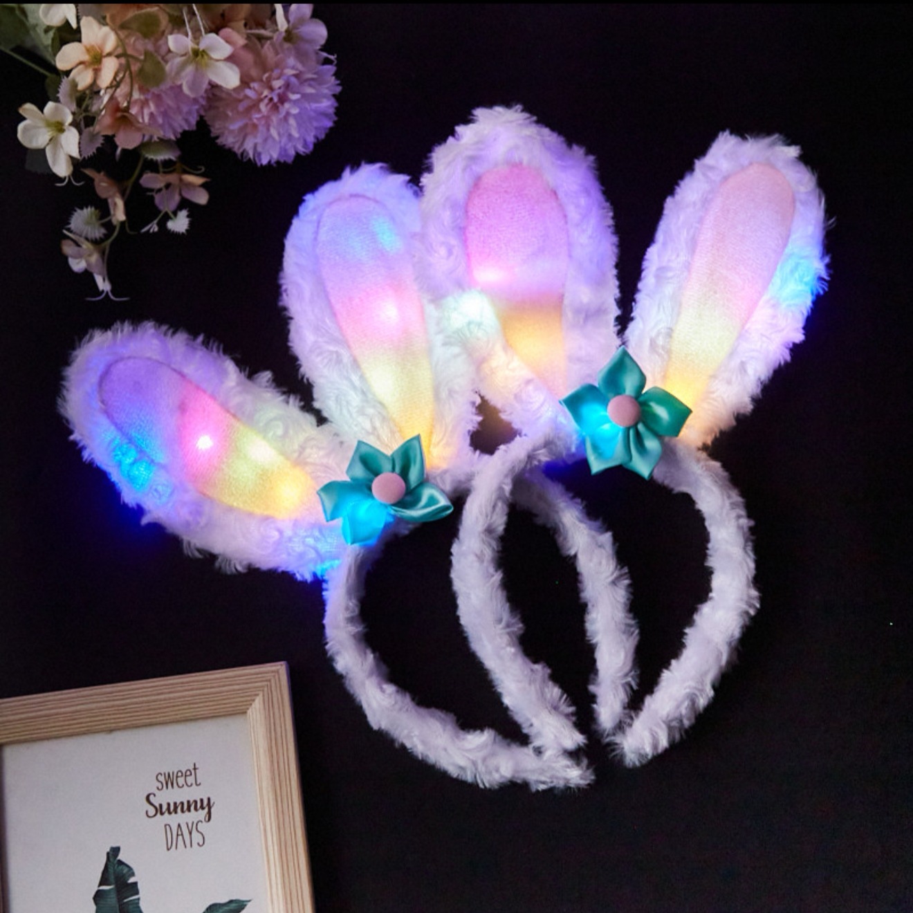 New 14-lamp long-haired rabbit ear headband, led plush luminous toy, flashing headband, performance hair accessory, concert phoenix crown and red wedding dress details Picture