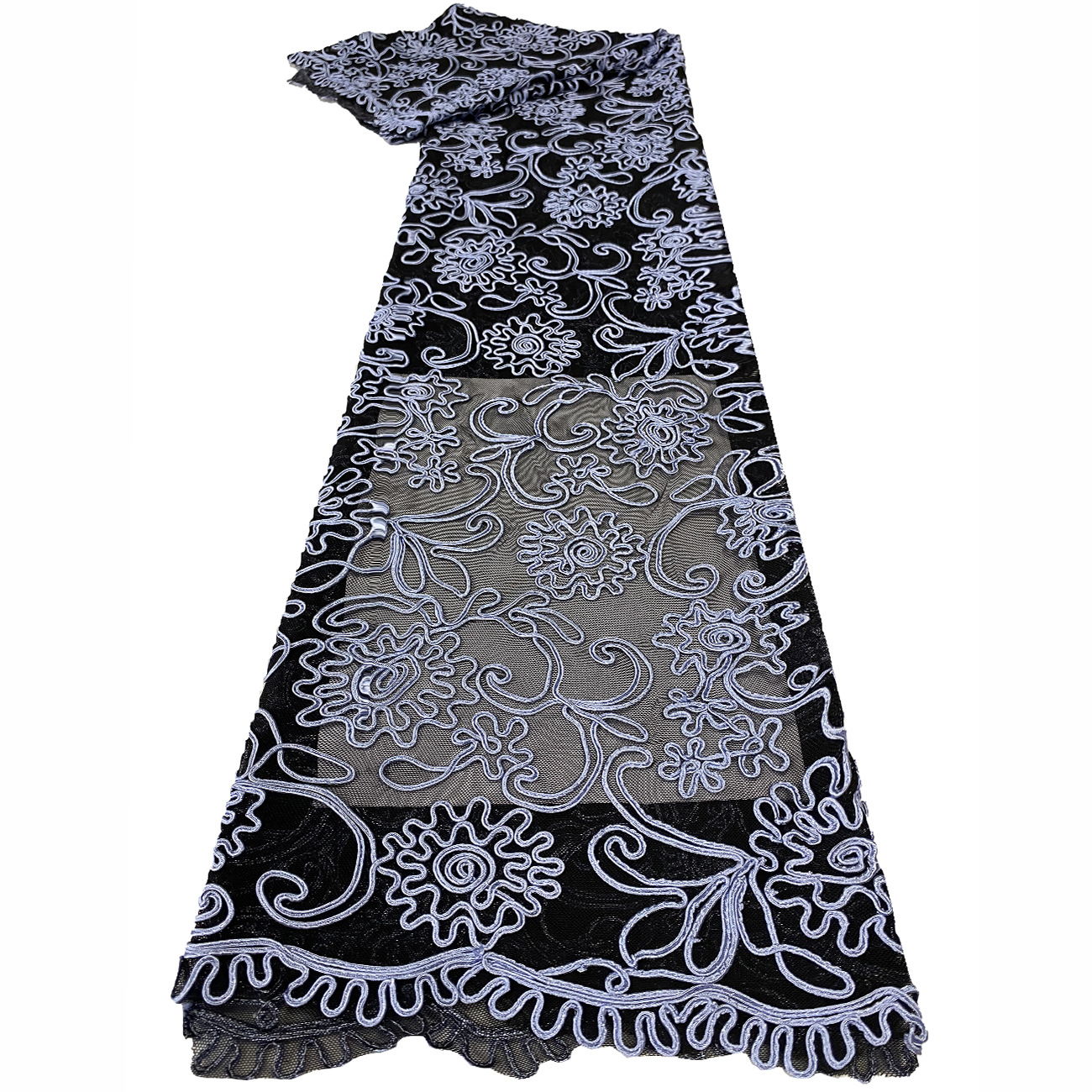 Factory stock of new three-dimensional ribbon embroidered lace mesh fabric for wedding dresses and evening gowns with strand embroidery Item Picture