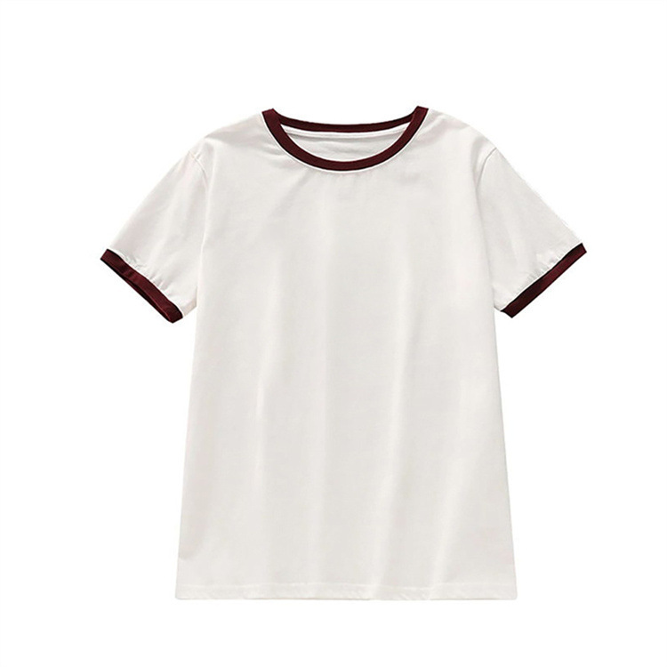 Summer versatile ribbed short-sleeved T-shirt for women, contrasting colors, French sweet style, round neck, slim and slimming basic top Item Picture
