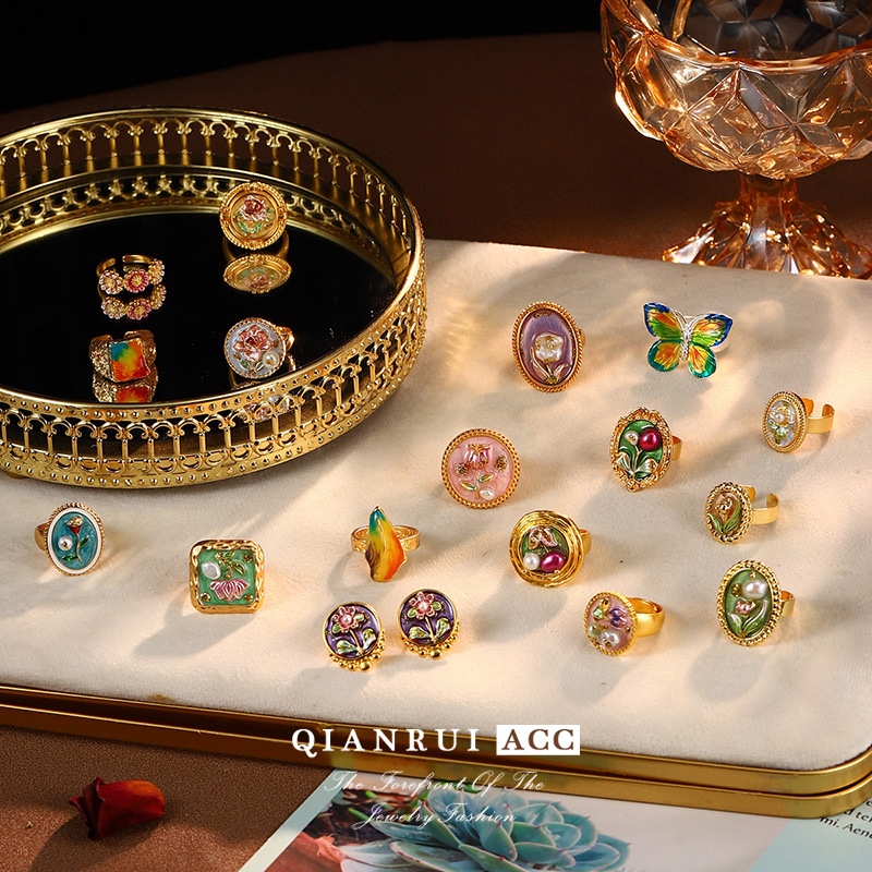 中古vintage饰品油画系列花朵戒指巴洛克天然珍珠手饰夏小众文艺