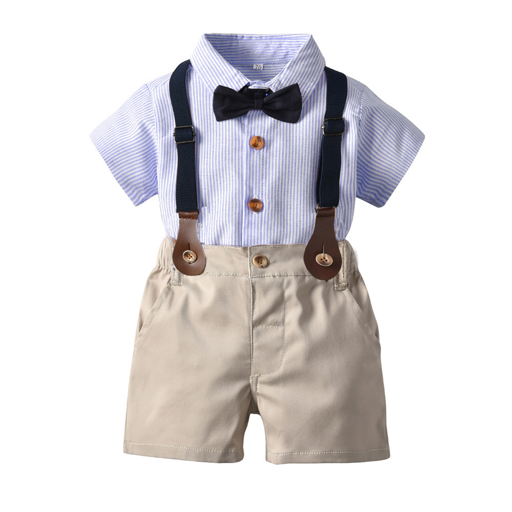 Cross-border boys' gentleman's suit Summer new classic striped short-sleeved shirt and shorts set for boys' performance