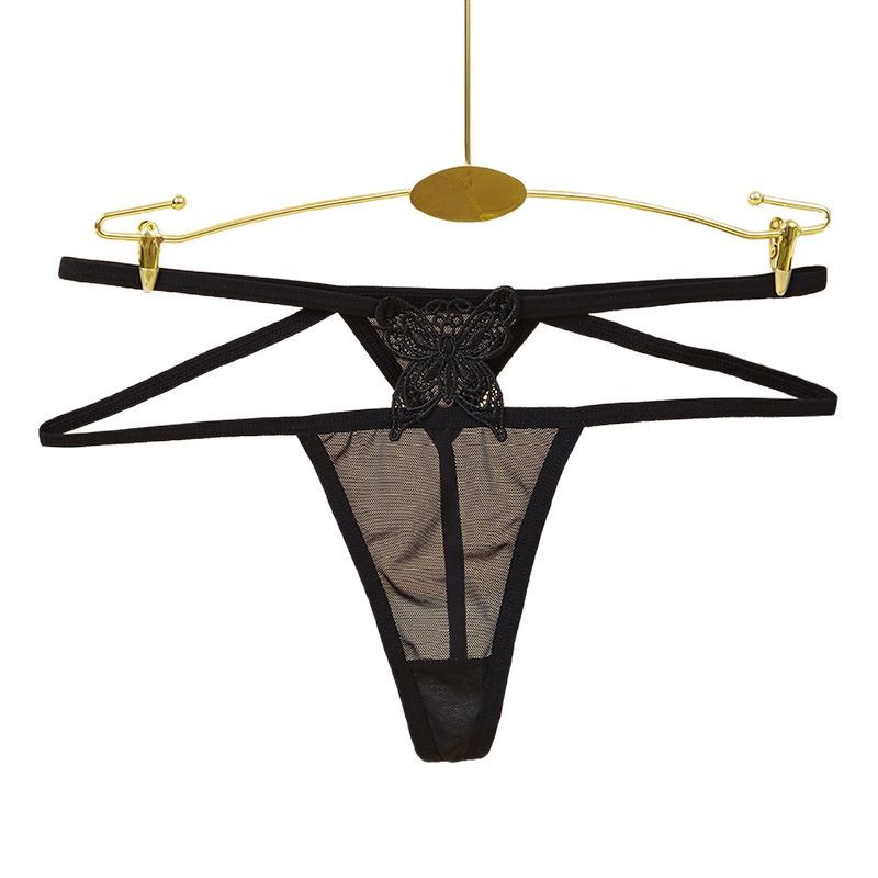 Women's T-shaped underwear with fashionable embroidered butterflies, sexy cutout and alluring soft mesh fabric. 17604 Item Picture