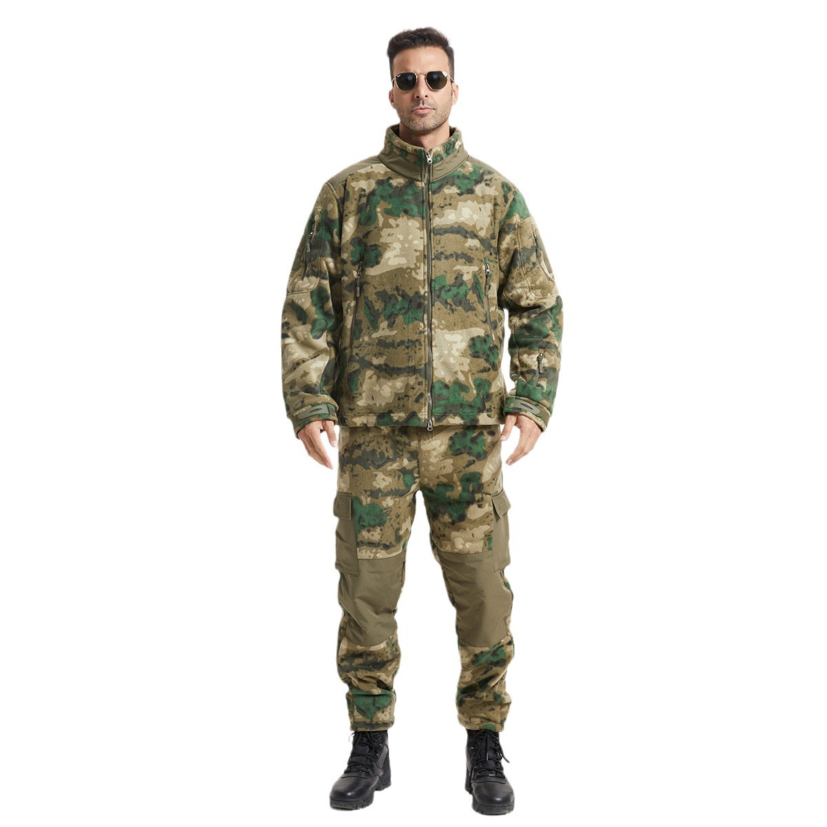 Yitu Chunqiu Outdoor Sports Camouflage stand-up Collar Fleece Jacket Set for cold protection and warmth preservation tactics, Arctic fleece thermal clothing and pants, granular fleece Item Picture