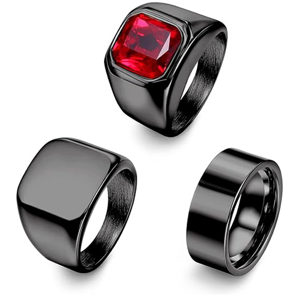 A three-piece jewelry set from Amazon, Europe and America, featuring a fashionable and personalized titanium steel ring set with rubies