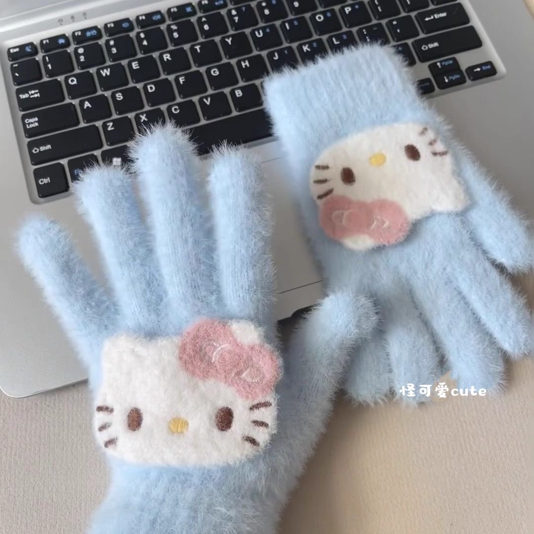 kt cat gloves for girls to ride electric bikes in winter are warm, cold-proof, frost-proof, fluffy and cute for students details Picture