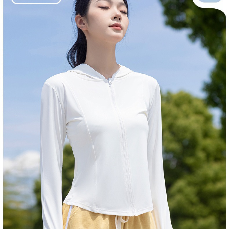 2024新款女士冰丝凉感瑜伽防晒衣修身收腰透气户外连帽外套上衣细节图