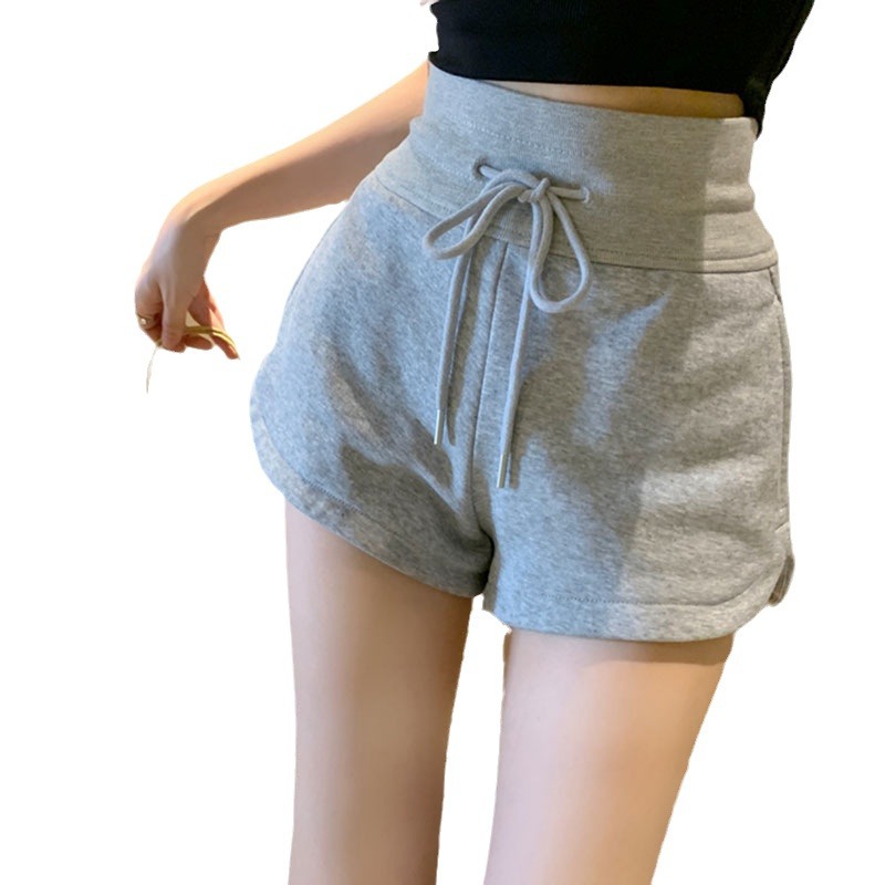 港味灰色纯棉短裤女夏季高腰抽绳休闲运动裤直筒显瘦a字辣妹裤子白底实物图