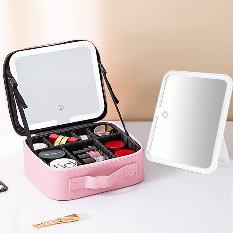 A multi-functional 2026 new portable hand-held large-capacity professional makeup bag with LED light mirror for cross-border use Application Scenario