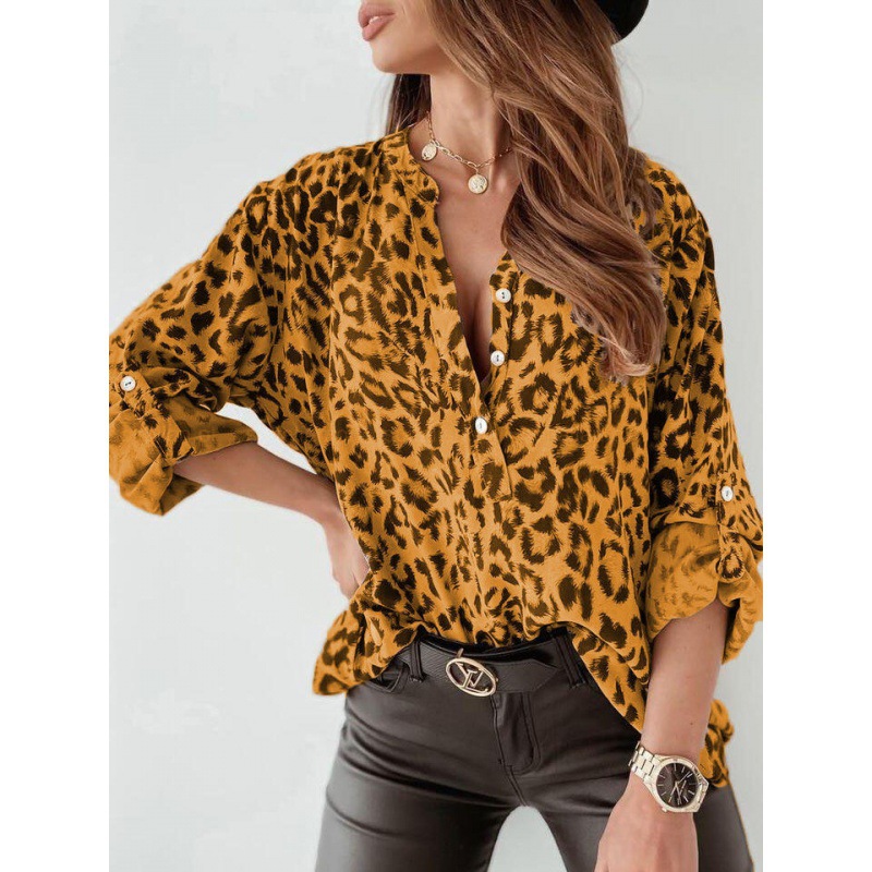 In-stock European and American cross-border trade spring and autumn printed women's shirts, long-sleeved leopard print single-breasted cardigan, loose shirts for women details Picture