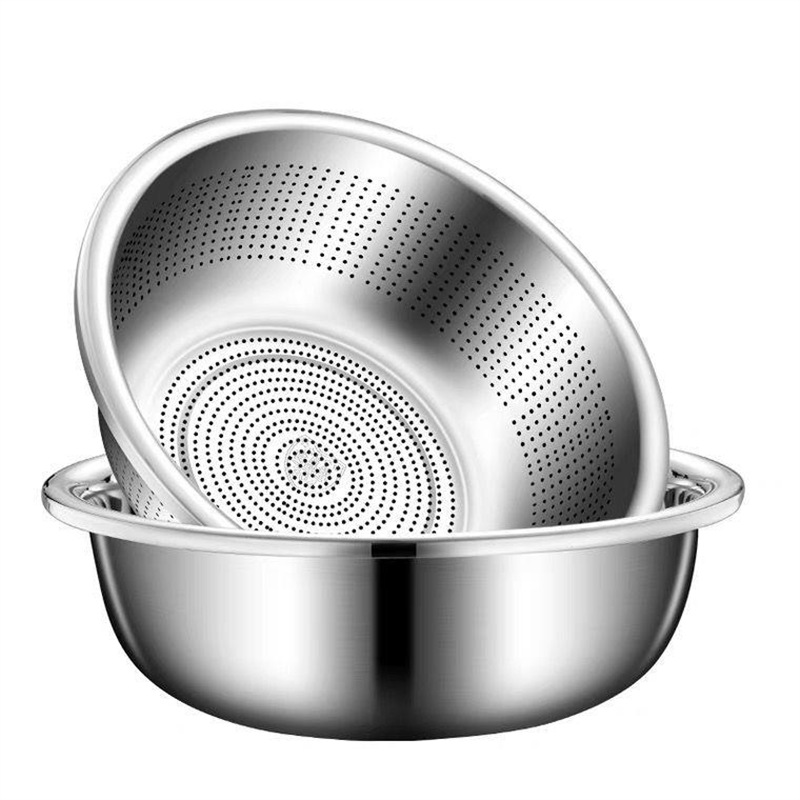 Food-grade stainless steel basin, vegetable washing basin, draining basket basin, household kitchen leaky basin, rice-washing wonder, fruit basket Item Picture