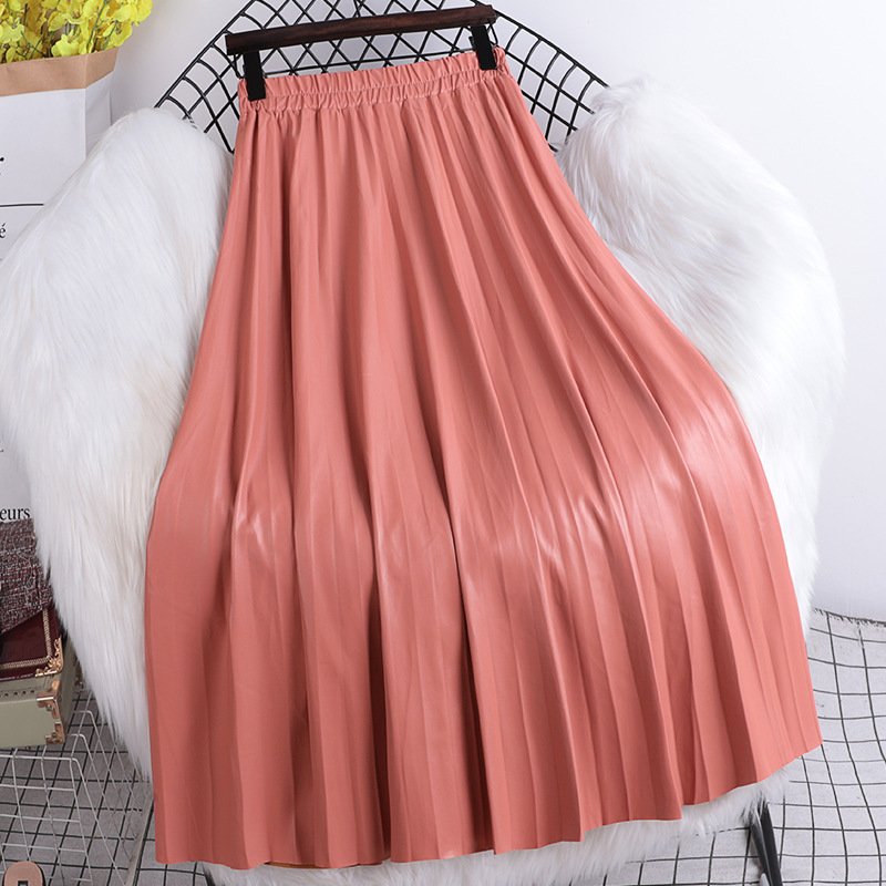 Pleated extended leather skirt 2021 Autumn/Winter new Korean style slimming loose tight high-waisted A-line pleated PU leather skirt for women Specification image