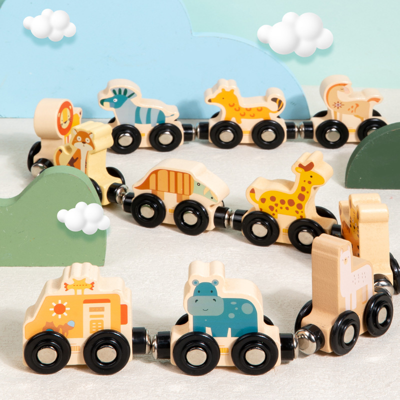 Magnetic attraction 11-piece animal digital car towing train cognitive enlightenment wooden early education and intelligence toy