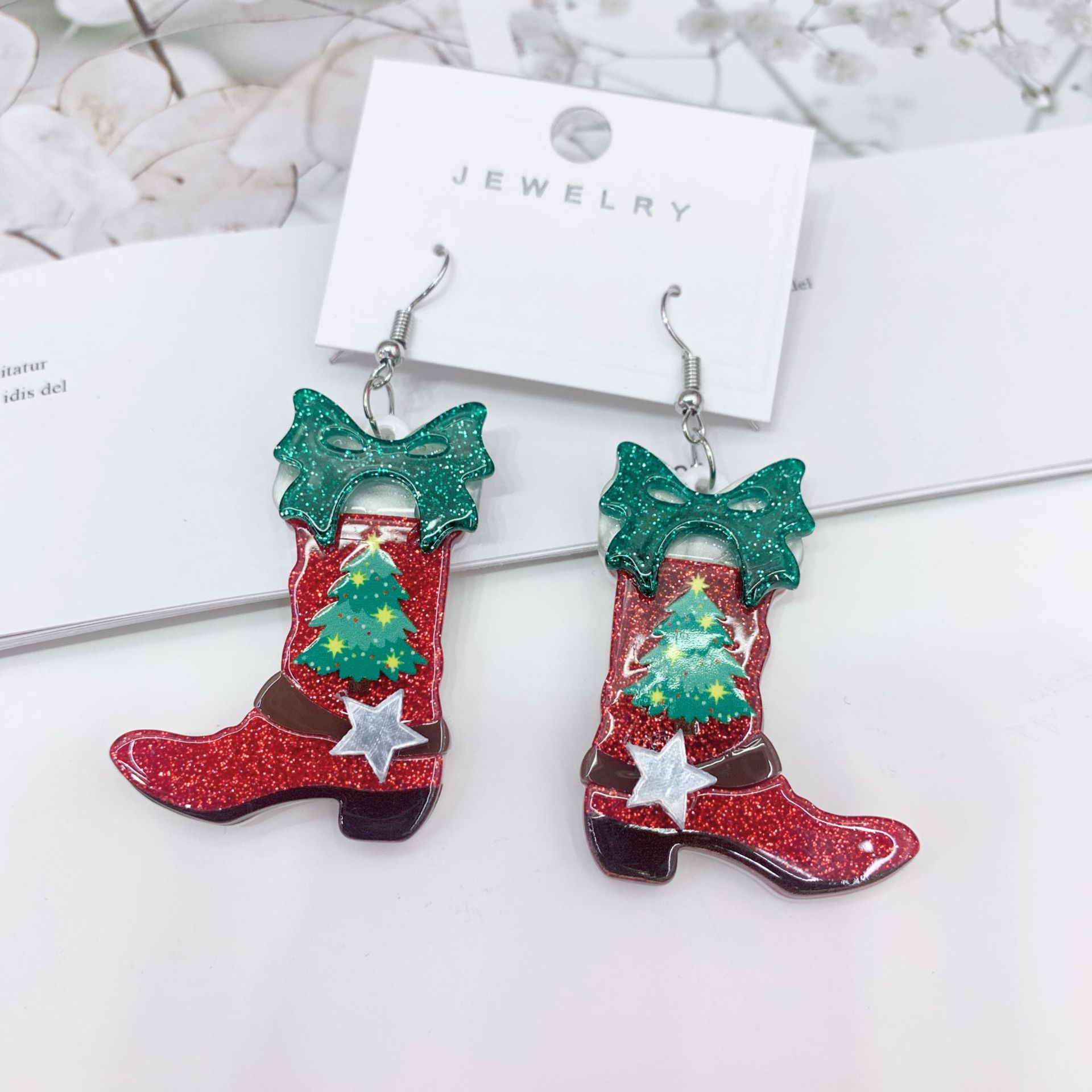 跨境新款圣诞节红色袜子耳坠亚克力材质印刷耳环绿色叶子搭配耳饰