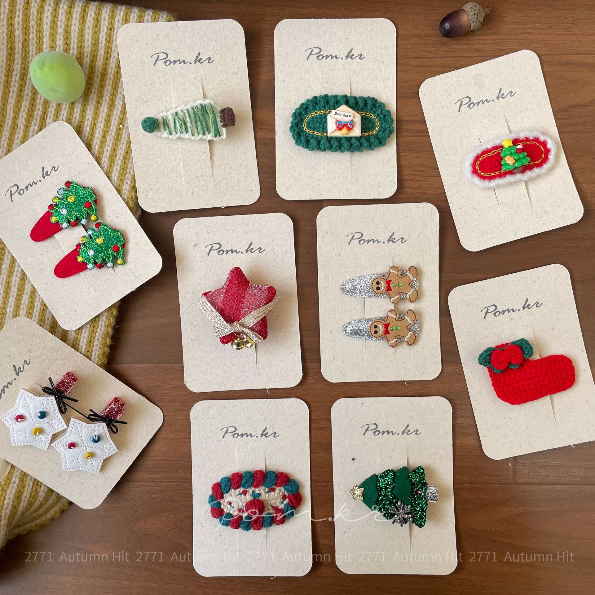 韩系 Pom.kr 圣诞发夹儿童节日针织发卡头饰布艺手工刘海夹侧边夹