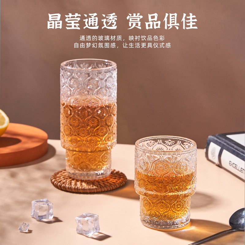 小众中古玻璃杯合集可叠浮雕太阳花玻璃杯冰川纹杯气泡果汁咖啡杯