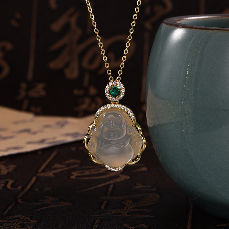 Buddha Gong necklace accessory for women's light luxury niche collarbone chain 2026 New style white chalcedony pendant high-end sweater necklace Specification image
