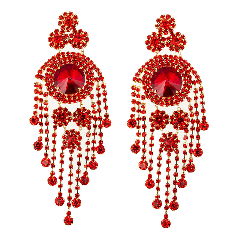 European and American luxury heavy industry colorful tassel earrings, exaggerated and gorgeous water diamond earrings, long women's style, elegant and trendy, individual geometric full diamond earrings, cross-border wholesale