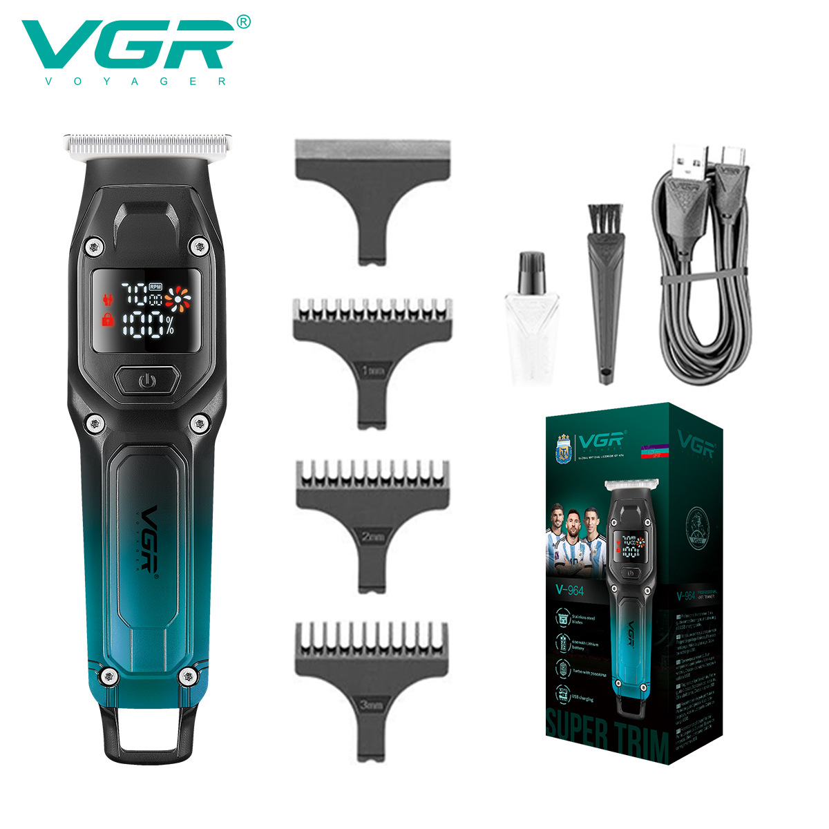 VGR964 cross-border electric hair clipper, gradient color oil head engraving, rechargeable men's digital display electric clipper