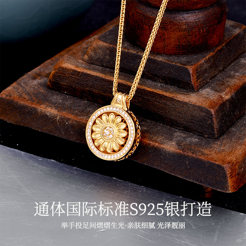 卓恒甄选s925银旋转八宝罗盘吊坠圆形莲花项链纯银小红书爆款银饰批发