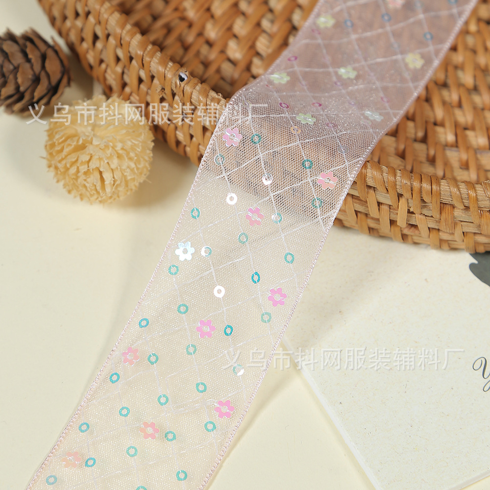 Wholesale of 4cm new grid-printed ribbon sequin children's hair accessory accessories, bow and flower packaging materials details Picture