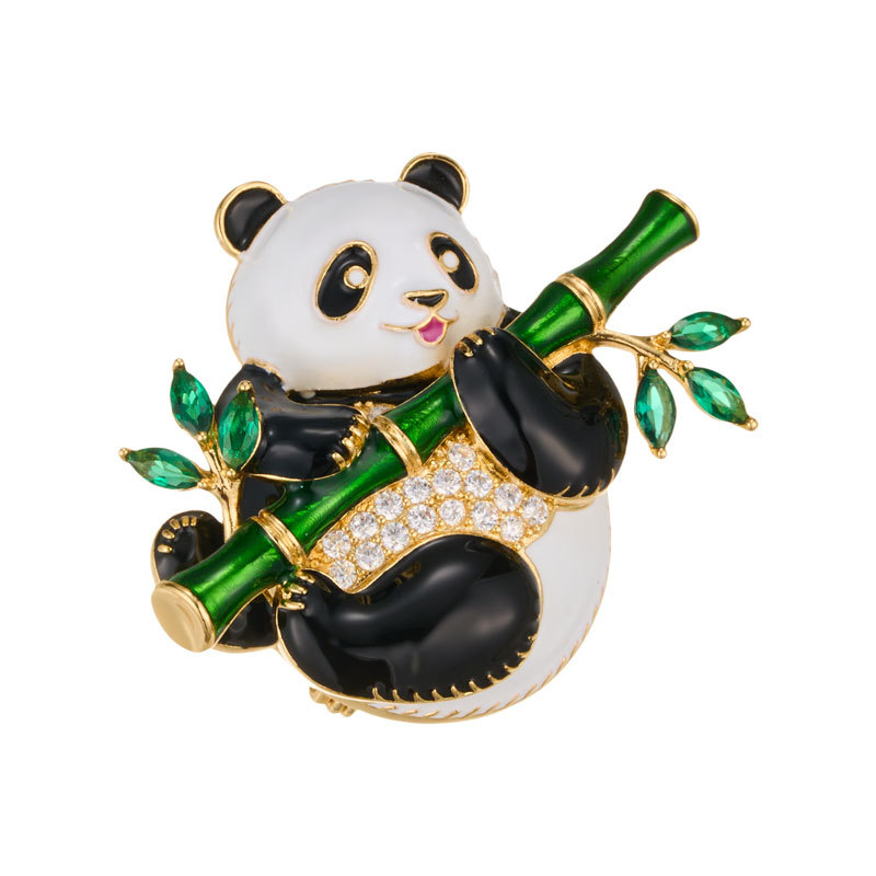 Cute and adorable bestseller Panda Holding bamboo brooch, copper micro-inlaid zircon enamel oil drip high-end fashion pin brooch Item Picture