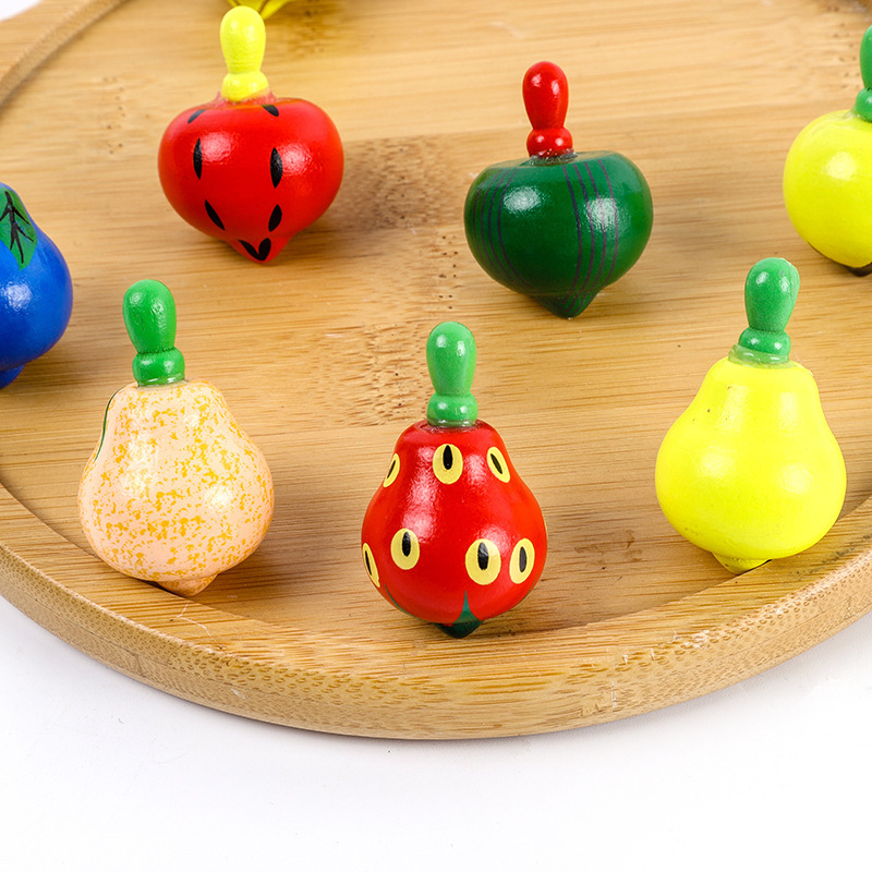 Colorful small wooden fruit gyroscope, traditional nostalgic children's cartoon wooden educational toy, wooden gyroscope craftsmanship