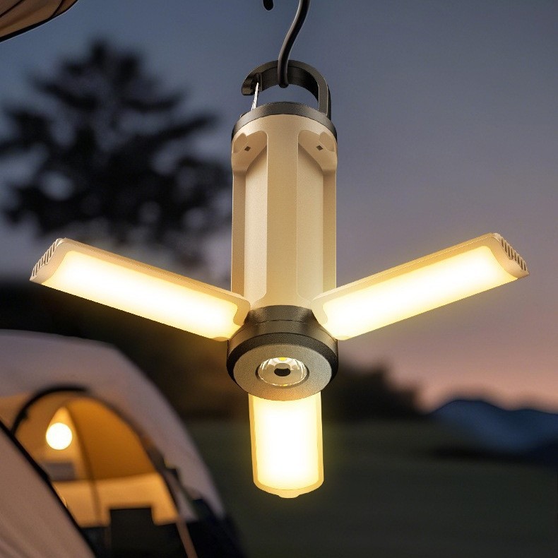 New cross-border outdoor multi-functional emergency camping lamp, portable hanging camping lamp, 90-degree folding three-leaf lamp