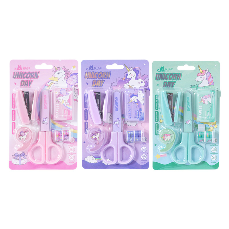 Unicorn Cute mini scissors Tape set, student stationery stapler, high appearance level cartoon stapler set Item Picture