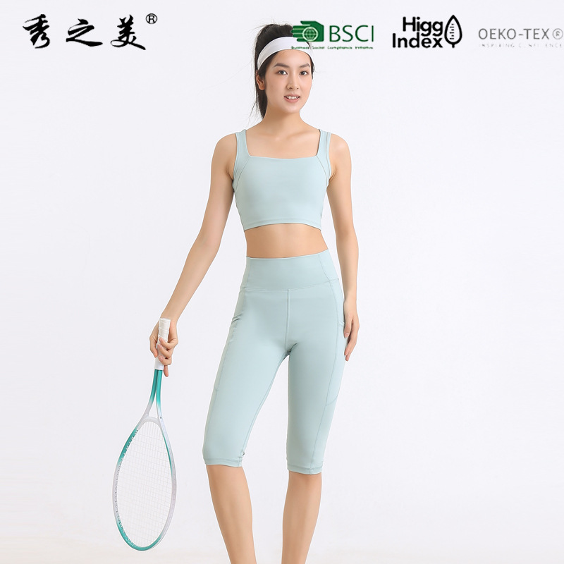 新款七分瑜伽裤美背上衣弹力运动紧身裤女外穿打底裤运动套装