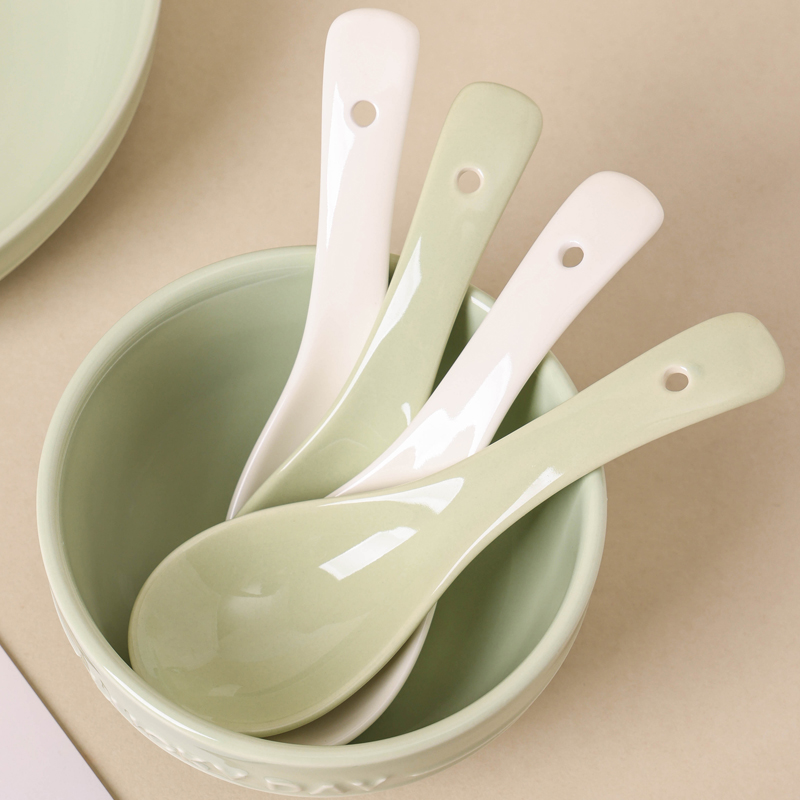 现货奶油风陶瓷汤勺家用调羹高档精致餐具小汤匙一人一勺喝粥吃饭细节图