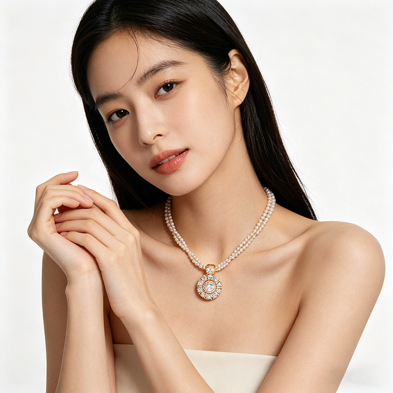 Double-layer pearl necklace, women's collarbone chain, live-streaming bestseller, fashionable, light luxury, super sparkling zircon pendant Specification image
