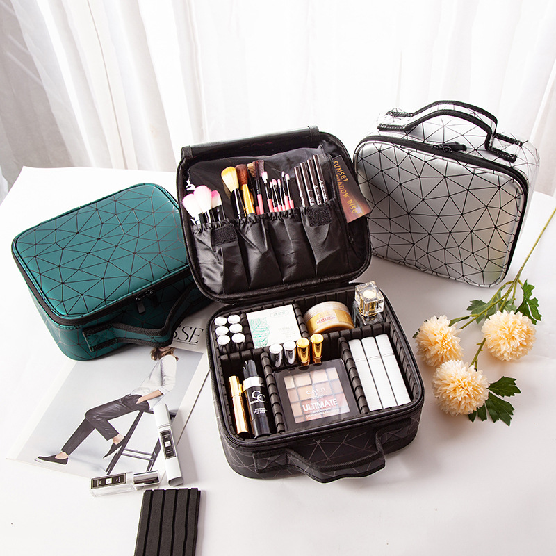 Portable PU leather diamond-shaped partition makeup box, large-capacity waterproof makeup bag, makeup brush and cosmetics storage box Application Scenario