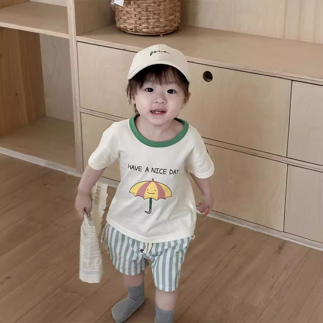 Boys' short-sleeved T-shirt, striped shorts set, summer thin Korean-style children's clothing 2025 summer style, baby summer clothing details Picture