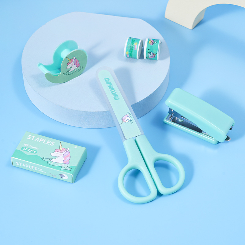 Unicorn Cute mini scissors Tape set, student stationery stapler, high appearance level cartoon stapler set details Picture