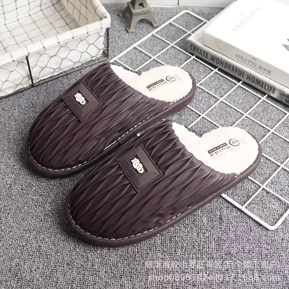 细细条 男士时尚褶皱PU皮棉拖鞋冬季新款保暖家用休闲高级感棉鞋产品图