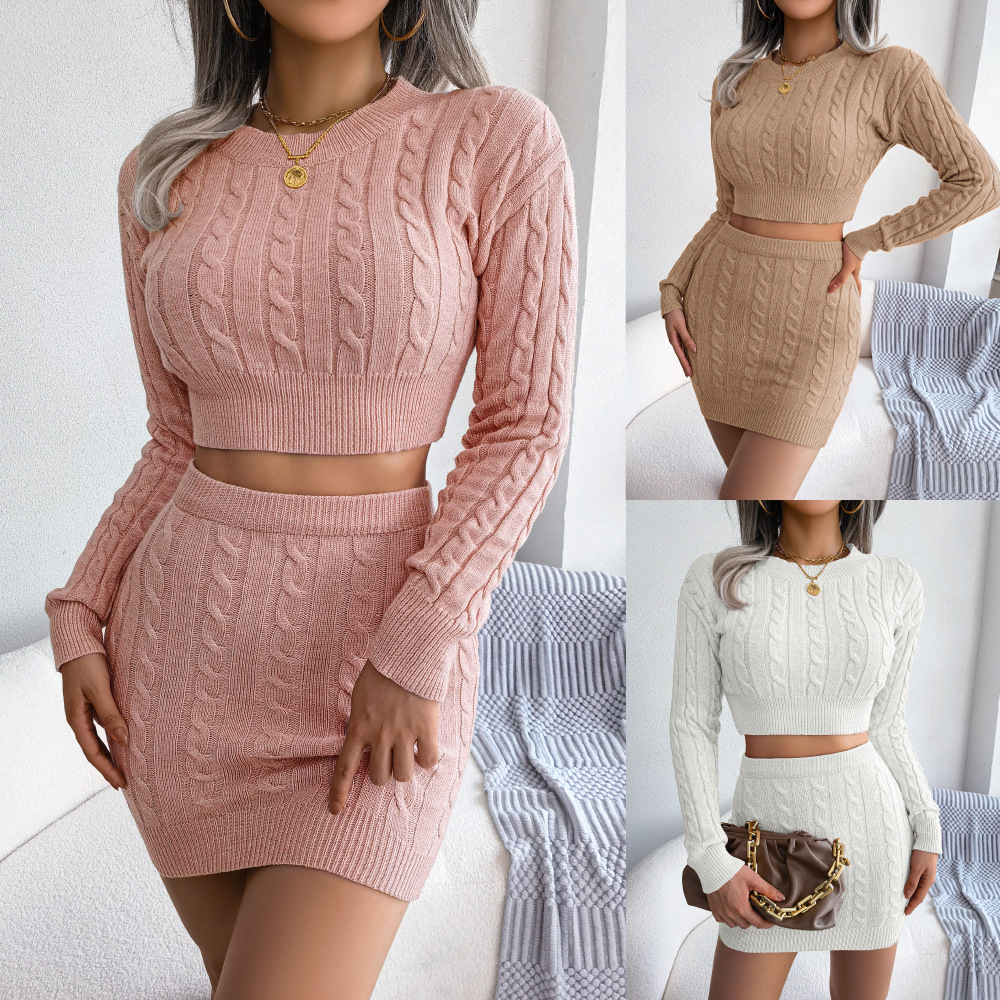 Autumn/Winter 2025 European and American casual twisted crop crop sweater, hip-hugging skirt, knitted set, Amazon cross-border women's clothing thumbnail